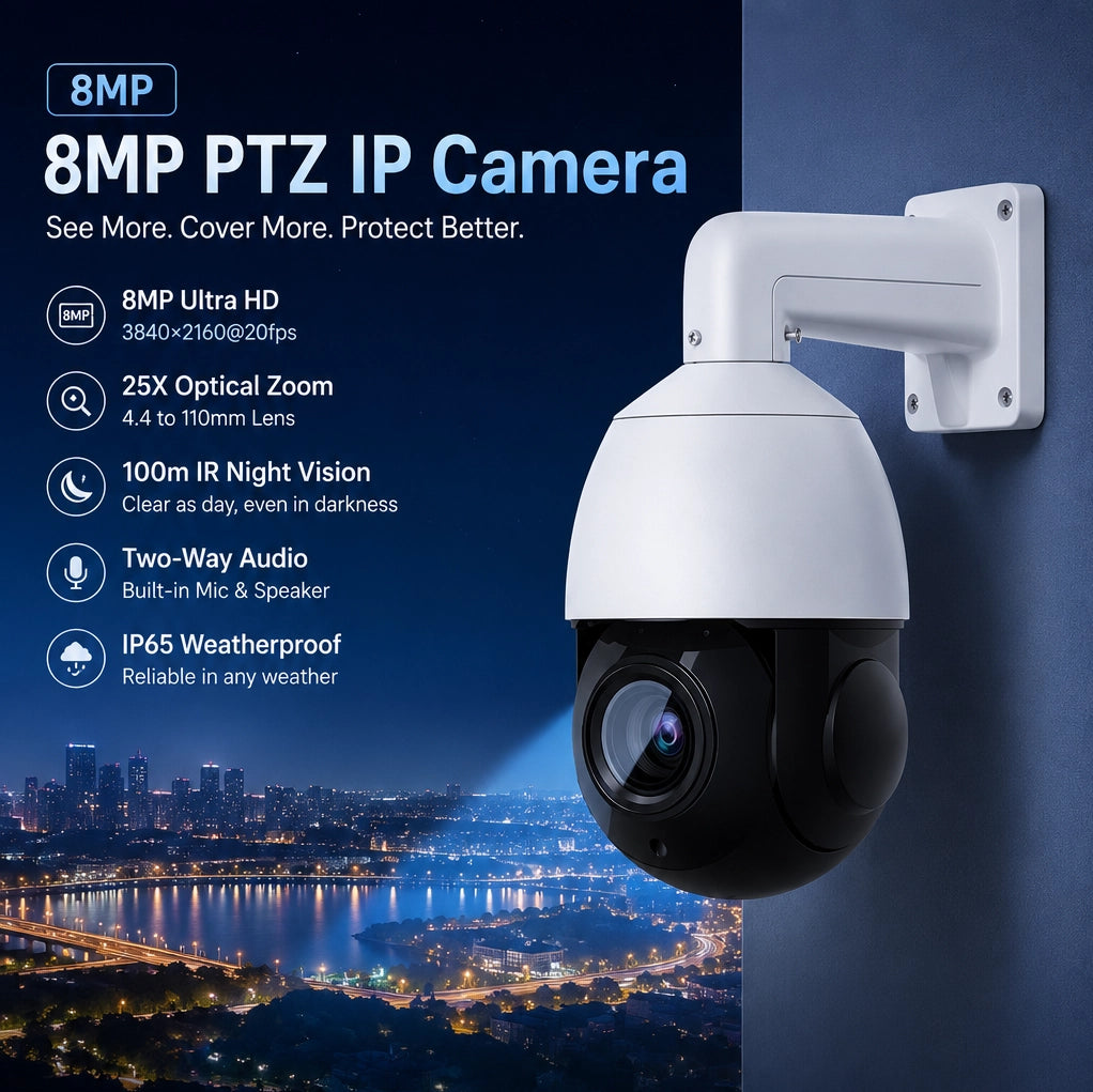 HITOSINO 8MP PTZ IP摄像机,具备25倍光学变焦和自动跟踪功能,适合监控和安全应用