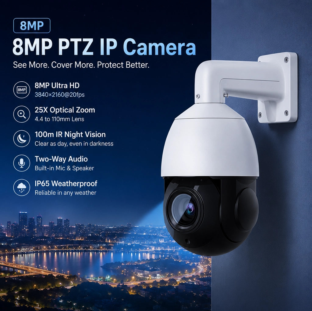 HITOSINO 8MP PTZ IP摄像机,具备25倍光学变焦和自动跟踪功能,适合监控和安全应用