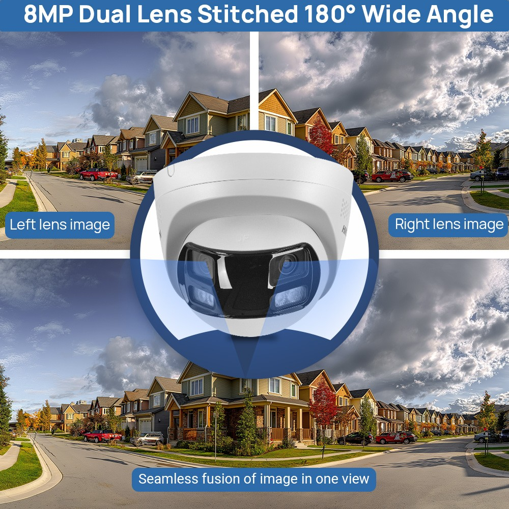 HITOSINO outdoor night vision turret camera with 8MP dual lens and wide-angle view, suitable for surveillance.
