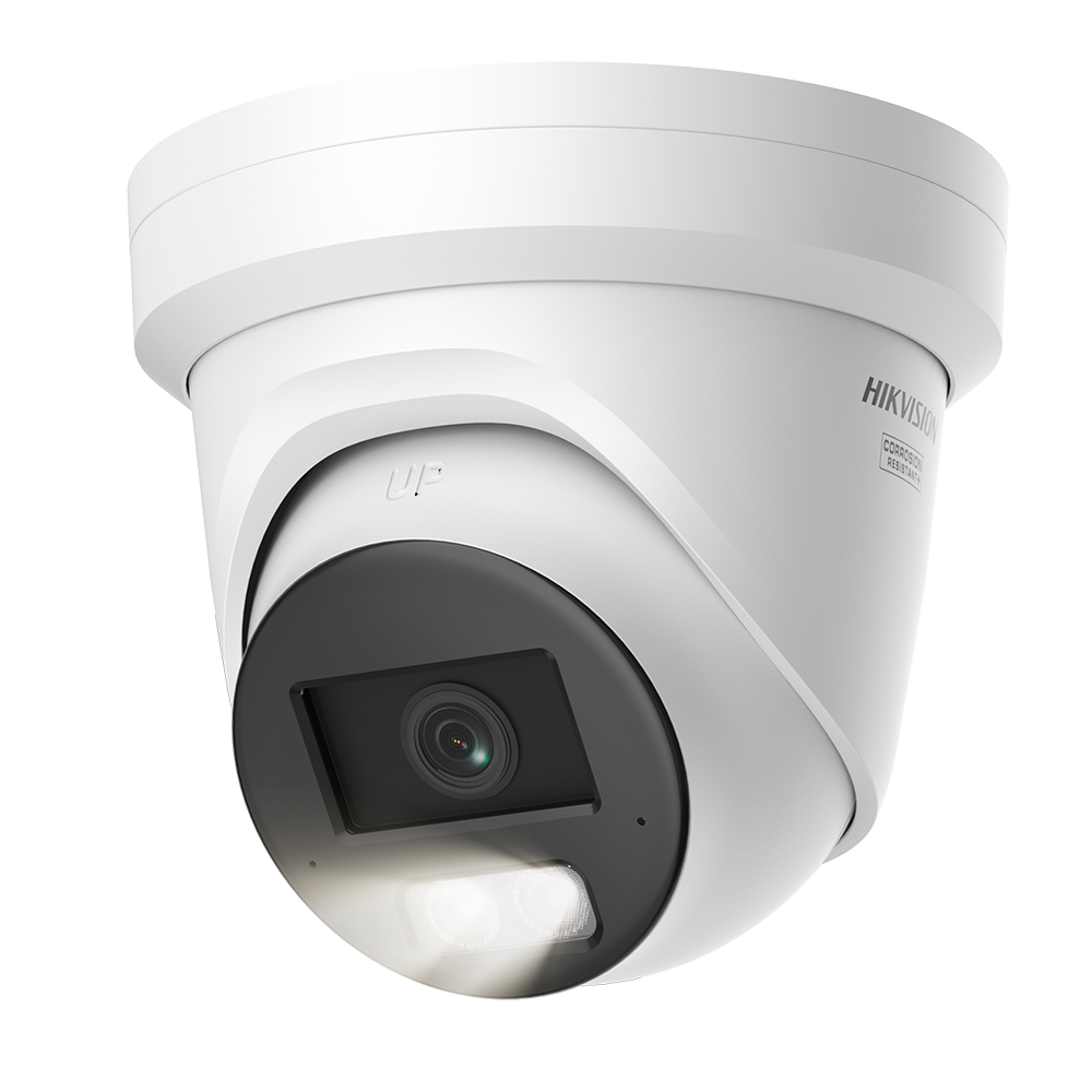 Hikvision ColorVu 8MP Acusense turret PoE camera with smart hybrid light, featuring a compact design and high-resolution lens.