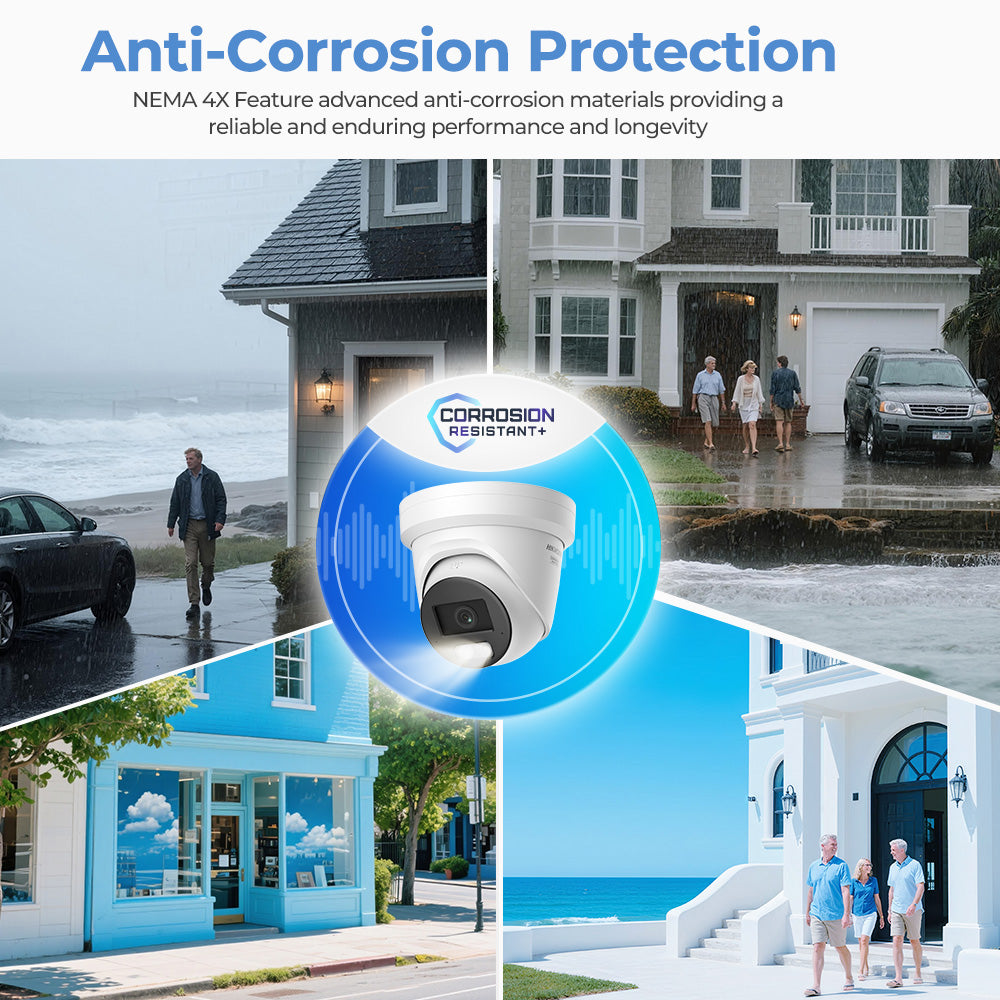 Hikvision ColorVu 3.0 Acusense 8MP hybrid light turret PoE camera showing the camera lens and housing with scene background