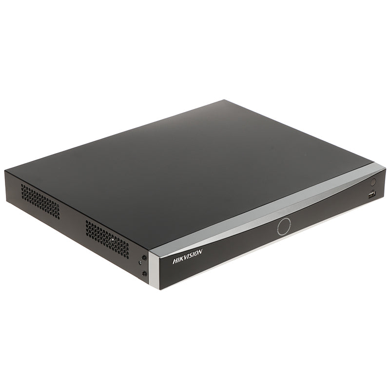 HITOSINO 16-channel NVR DS-7616NXI-K1 with AI AcuSense for 4K recording, featuring multiple video input ports and sleek black design.