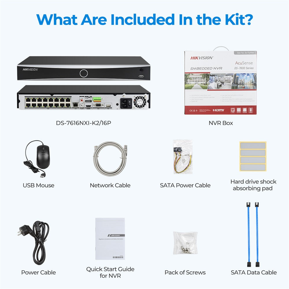 HITOSINO 16-channel NVR PoE 4K AcuSense AI with multiple Ethernet ports and front display screen, model DS-7616NXI-K2/16P.