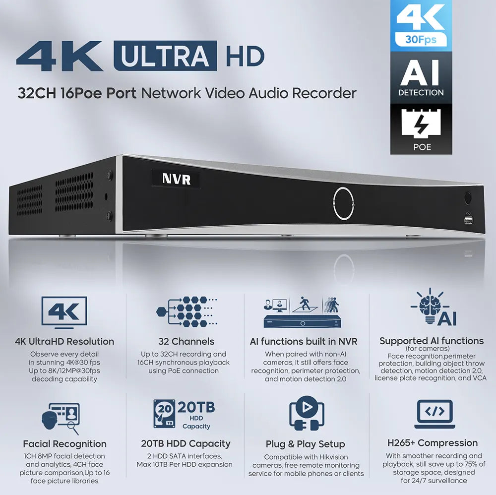 32 Channel PoE NVR with Plug and Play & Facial recognition (No HDD) | NVR-NI632-K2/16P - HITOSINO