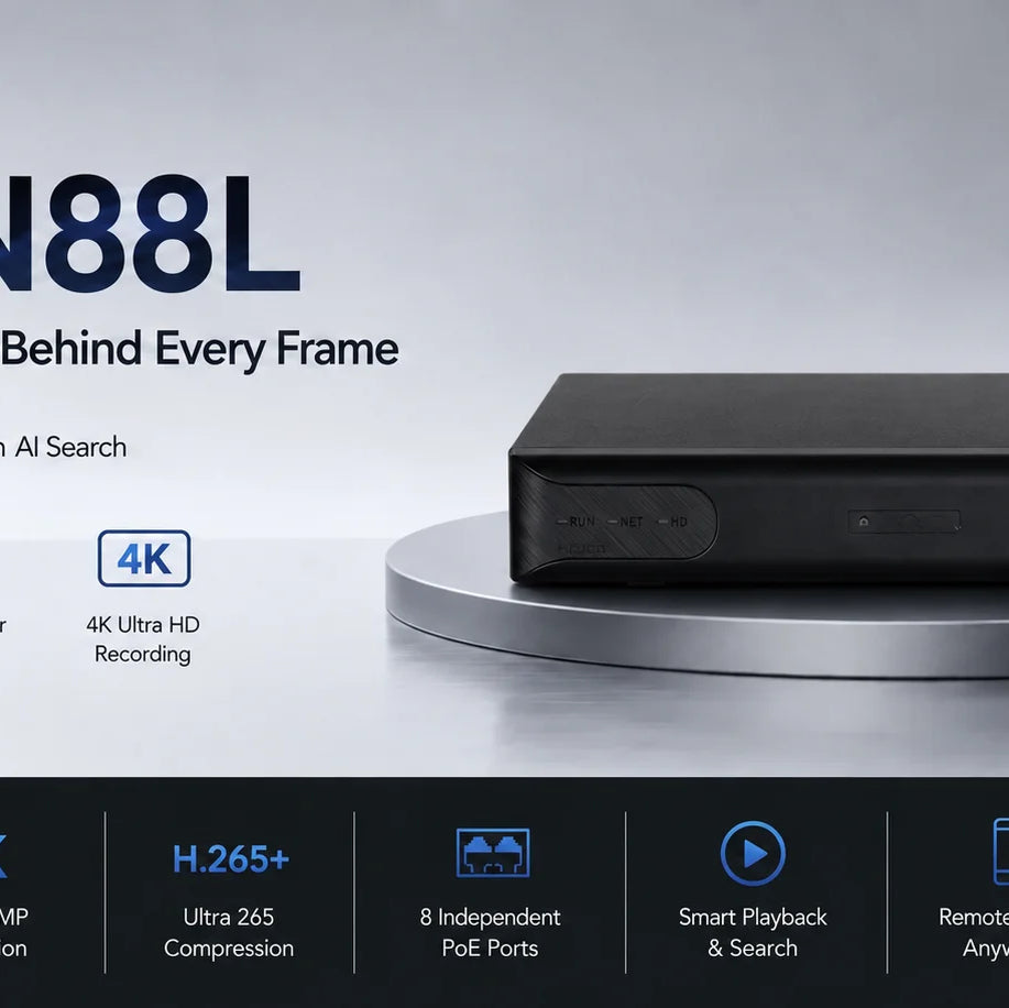 HITOSINO 8通道PoE NVR,支持4K监控、SeekFree和智能防护,显示设备正面和连接端口。