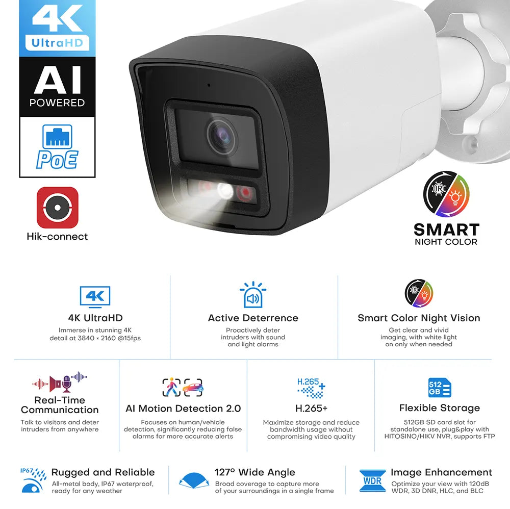 4K Active Deterrence Wired Security Bullet Camera Outdoor | HS-CUB68G2-LIA/SL - HITOSINO