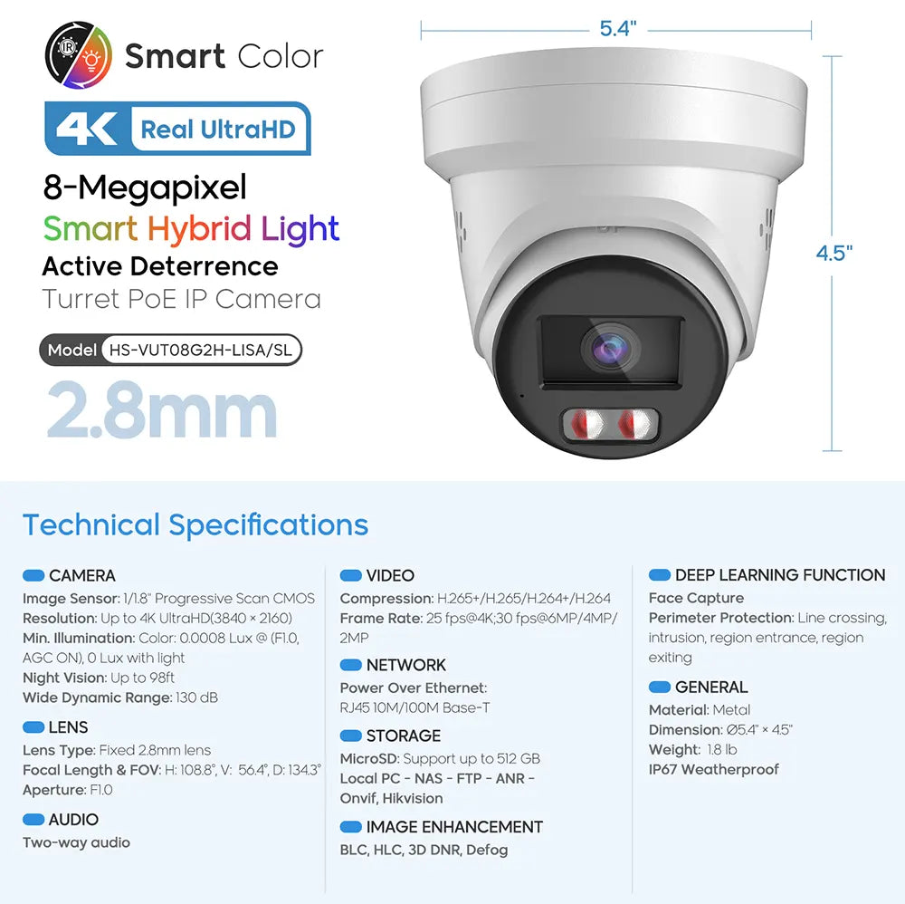 4K IP PoE Network Camera with Advanced Full Color Night Vision | HS-VUT08G2H-LISA/SL - HITOSINO