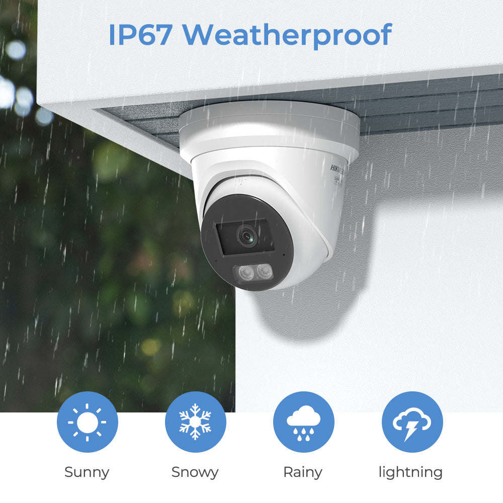 Hikvision ColorVu 3.0 Acusense 8MP turret PoE camera with smart hybrid light and IP67 weatherproof housing.