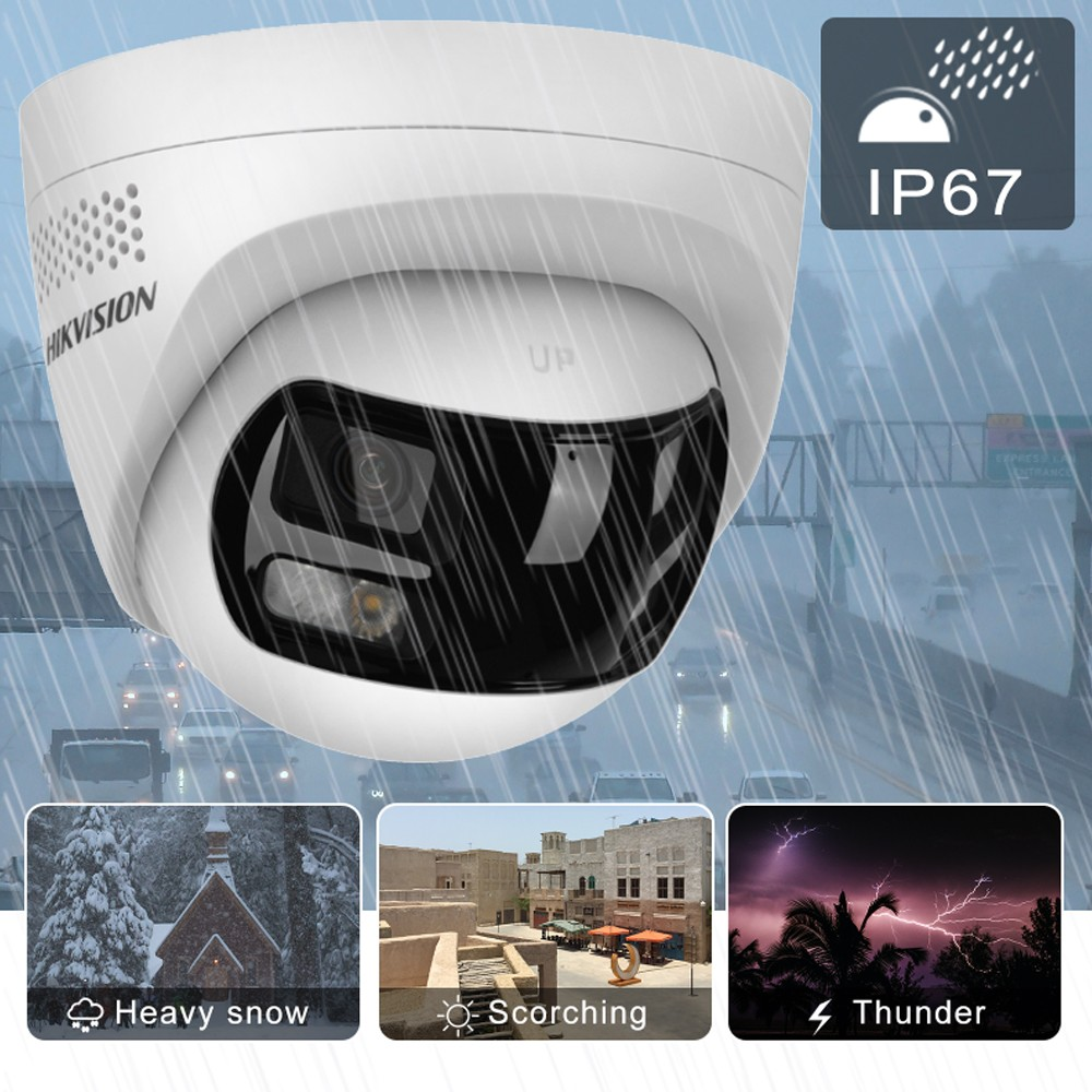 HITOSINO outdoor night vision turret camera with 8MP dual lens and wide-angle view, mounted outdoors for security surveillance