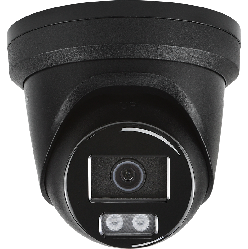 Hikvision DS-2CD2386G2H-IU 8MP AcuSense turret PoE camera with IR night vision, black darkfighter design, mounted on wall