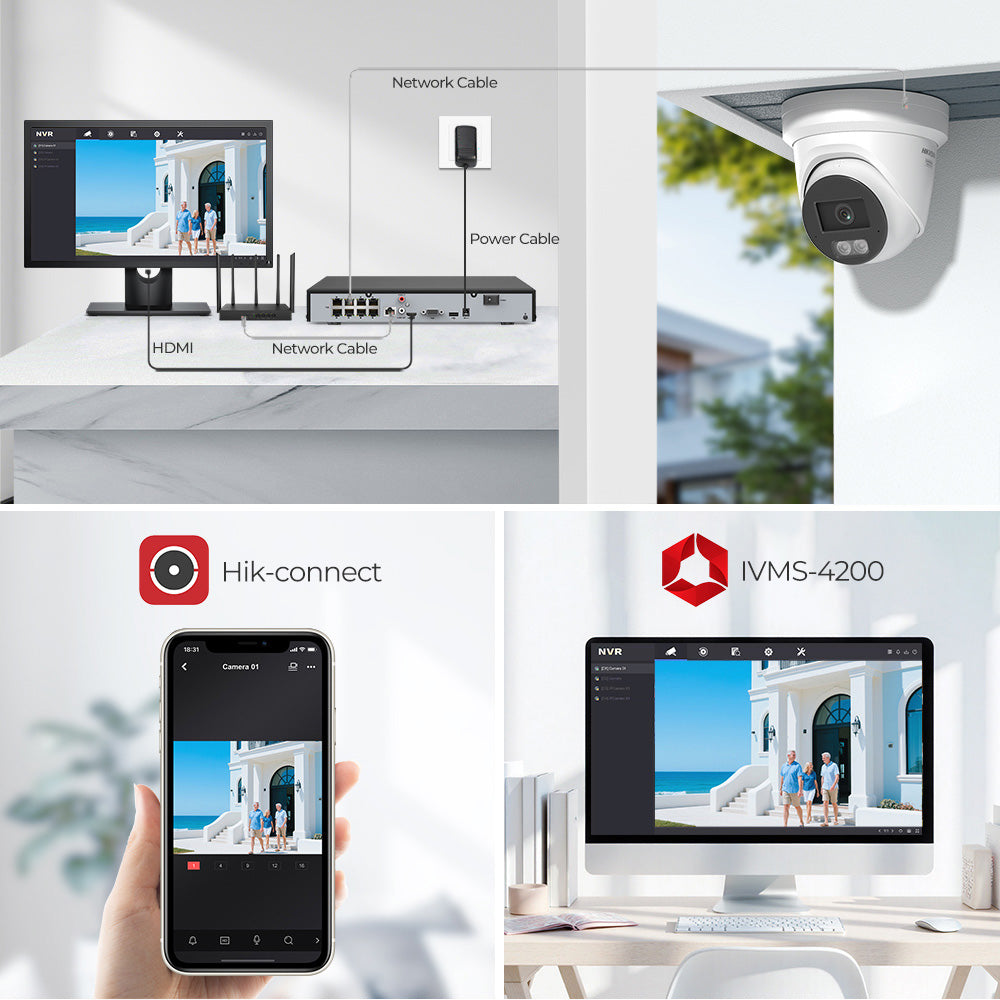 Hikvision ColorVu 8MP Acusense turret PoE camera with smart hybrid light, shown with app connection interface.