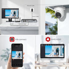 Hikvision ColorVu 8MP Acusense turret PoE camera with smart hybrid light, shown with app connection interface.