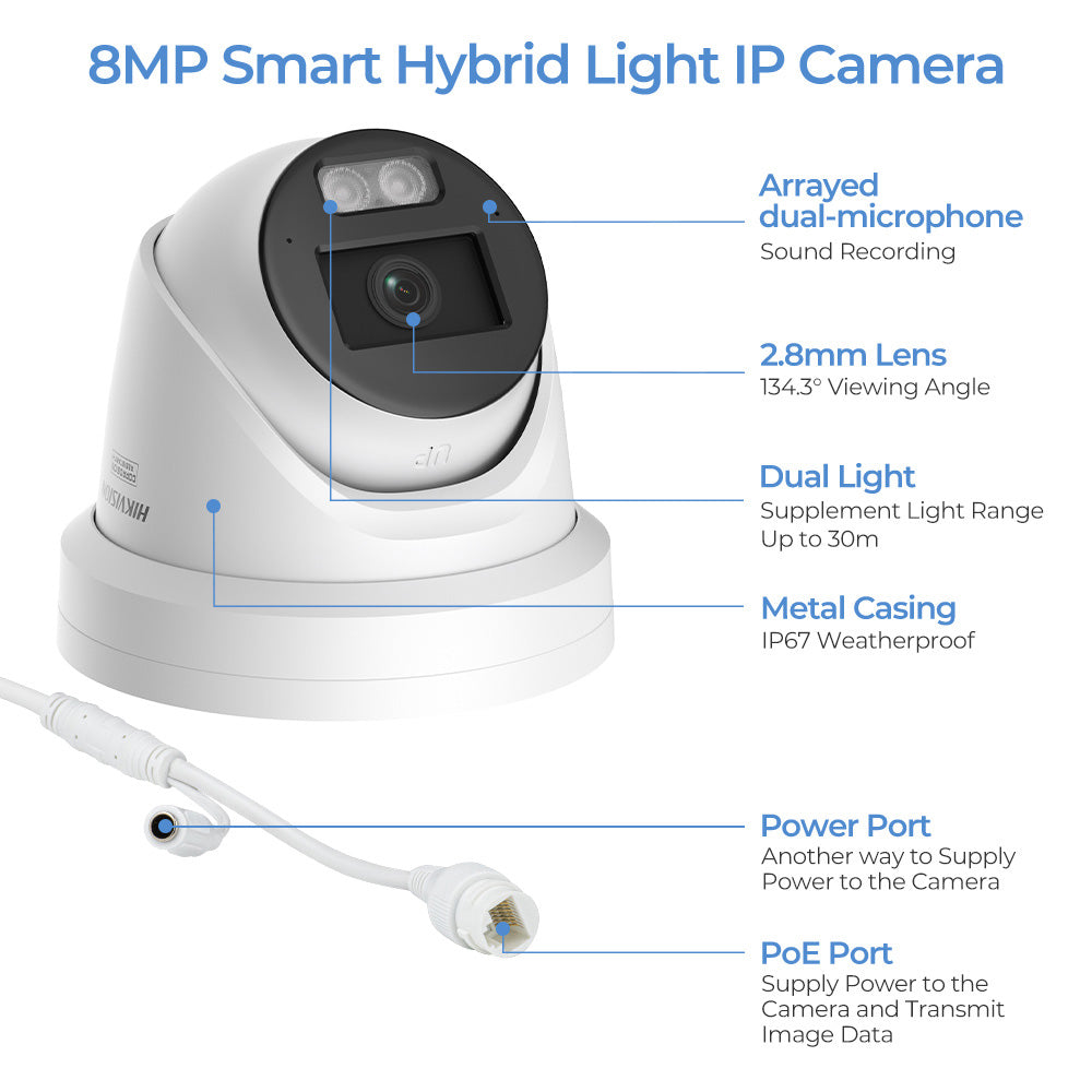 Hikvision ColorVu 8MP Acusense turret PoE camera with smart hybrid light, detailed view of the DS-2CD2387G3-LI2UY model