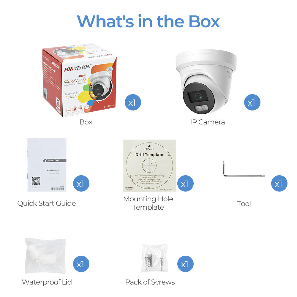 Hikvision ColorVu 8MP Acusense turret PoE security camera with smart hybrid light, shown in packaging with accessories.