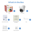Hikvision ColorVu 8MP Acusense turret PoE security camera with smart hybrid light, shown in packaging with accessories.