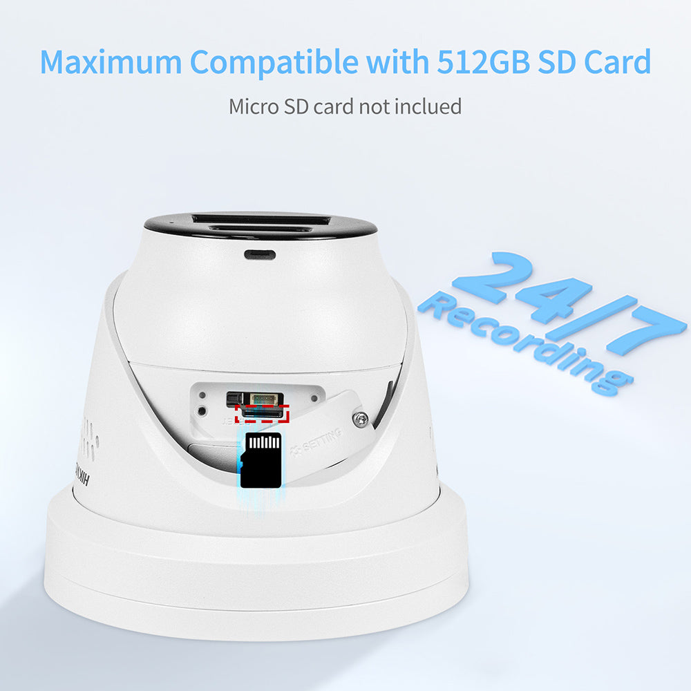 Hikvision 8MP ColorVu turret camera with audio, model DS-2CD2387G3-LIS2UY/SL, showing lens and weather-resistant housing.