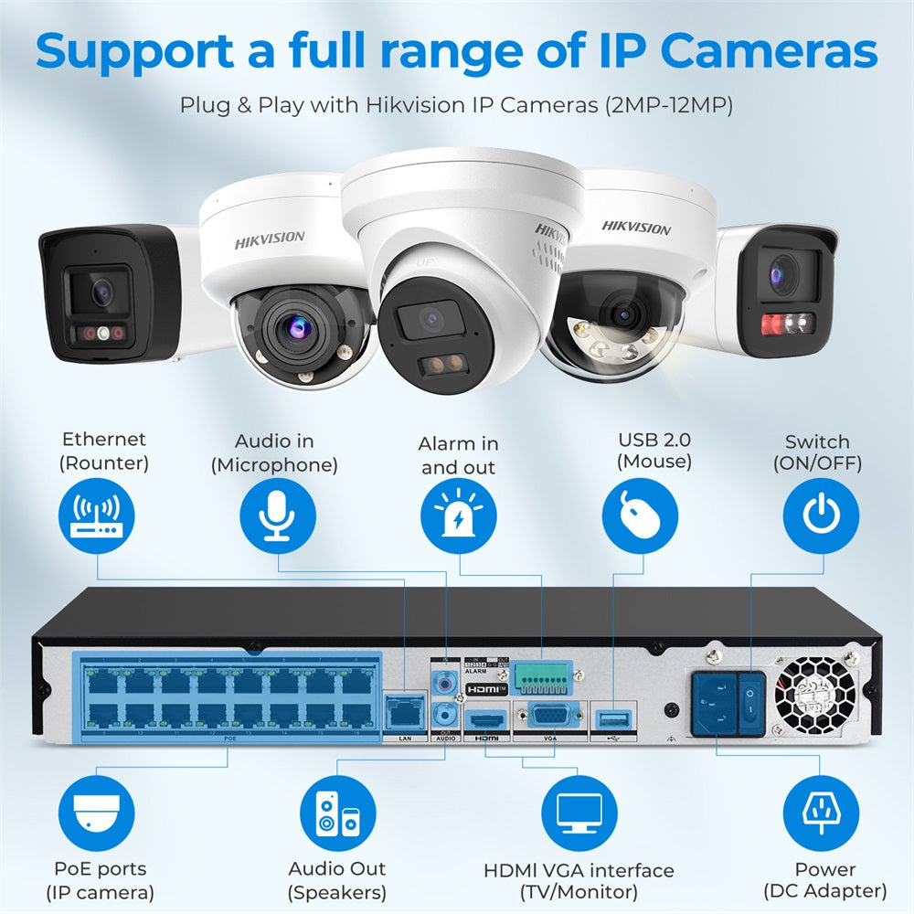 HITOSINO 16-channel NVR PoE 4K AcuSense AI security recorder with multiple Ethernet ports and sleek black design.