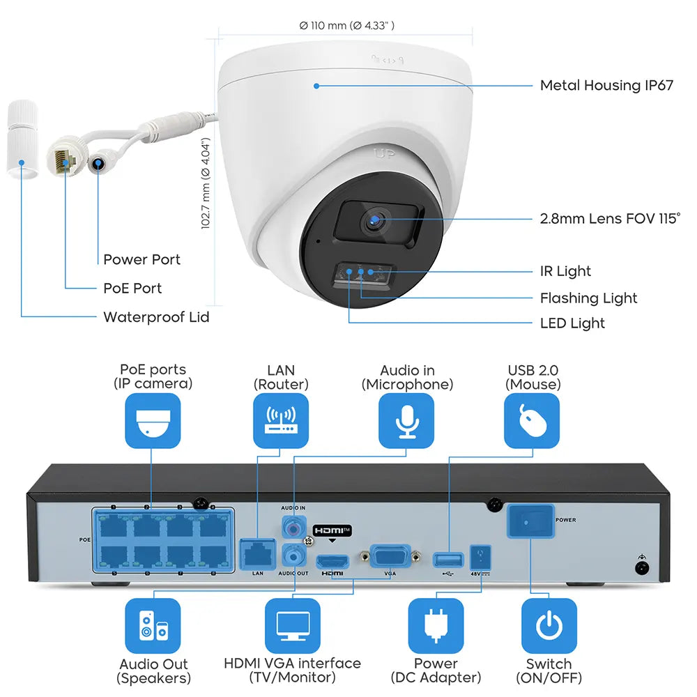 6 High Resolution 8MP Camera 8 channel NVR 4K Security Camera System | EK-N682T86A - HITOSINO