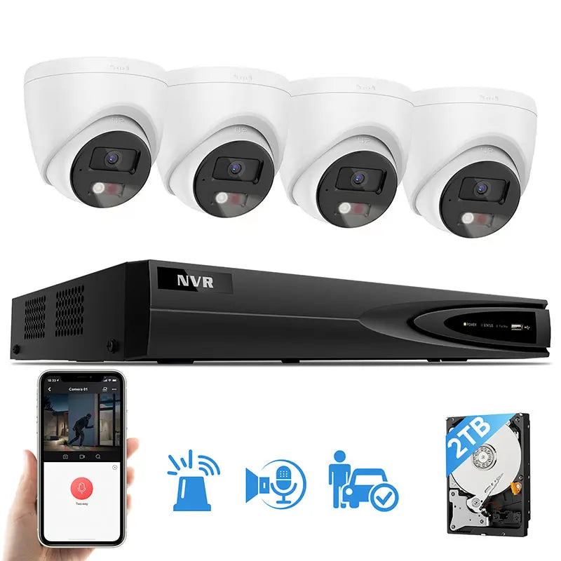 Sound & Light Alarm 4K PoE Security Camera System with 2-Way Audio - 4K 8CH NVR with 2TB HDD (1 SATA Up to 8TB), 4 * 4K PoE IP Wired Cameras, Color Night, Motion Detection 2.0