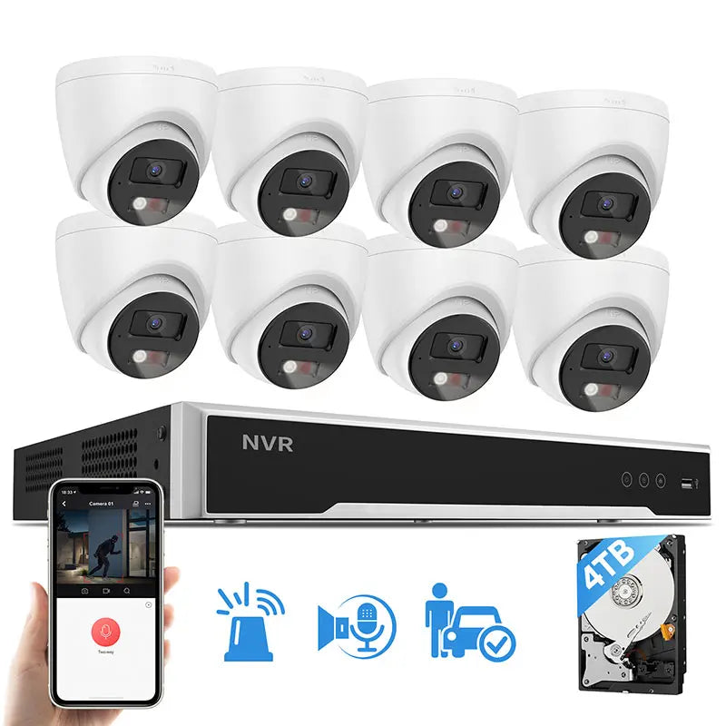 Sound & Light Alarm 4K PoE Security Camera System Wired with 2-way Audio - 4K 16CH NVR with 4TB HDD (2 SATA Up to 16TB), 8*4K PoE IP Cameras, Color Night, Motion Detection 2.0