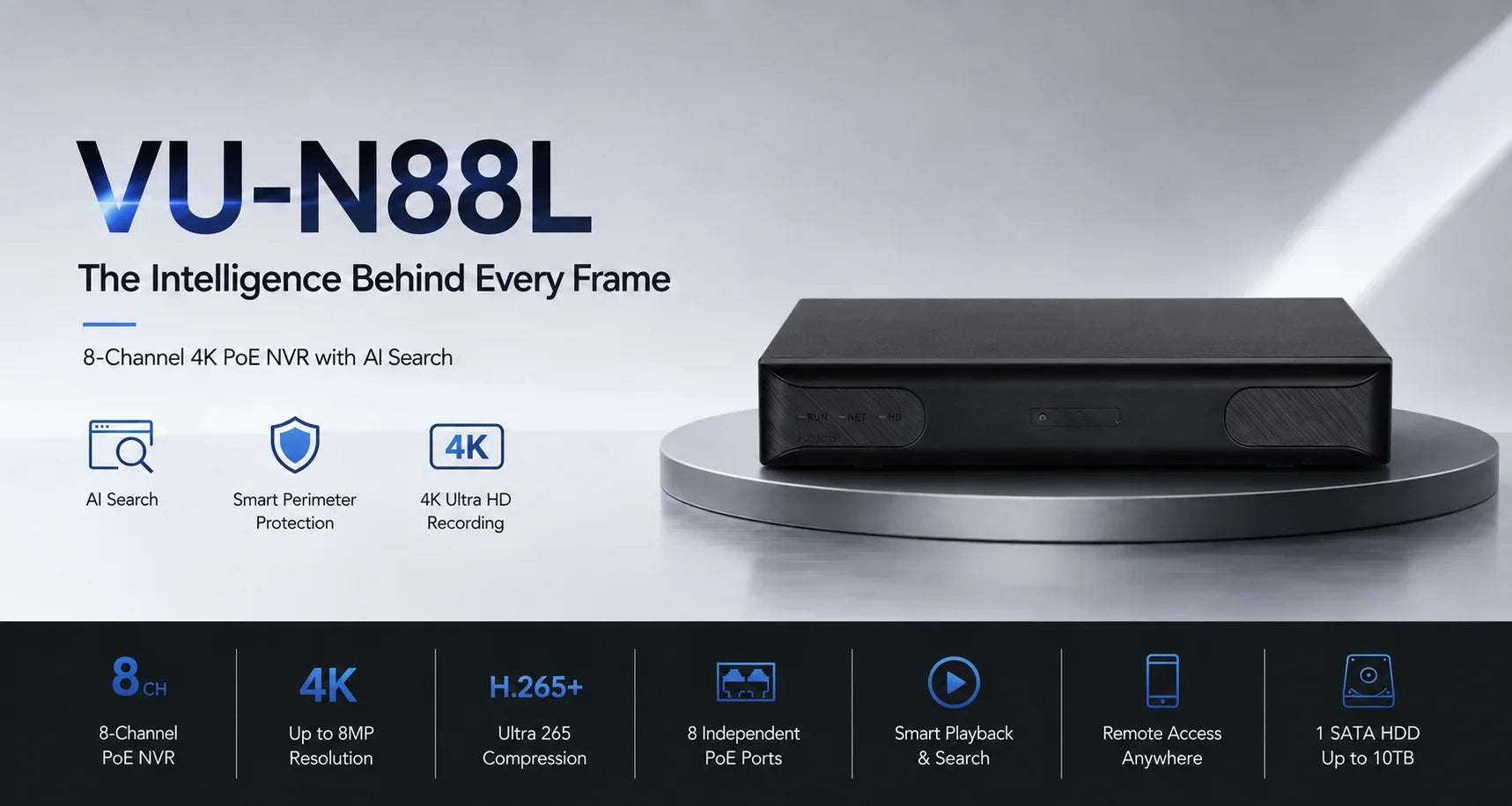 HITOSINO 8通道PoE NVR，支持4K监控、SeekFree和智能防护，显示设备正面和连接端口。