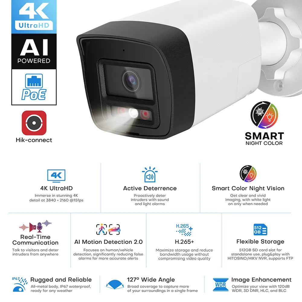 4K Active Deterrence Wired Security Bullet Camera Outdoor | HS-CUB68G2-LIA/SL - HITOSINO
