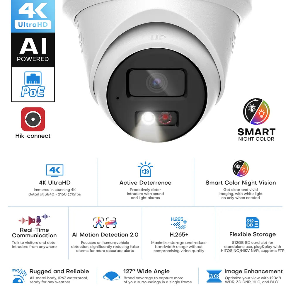 8MP Active Deterrence Security PoE Camera 4K with Siren | HS-CUT68G2-LIA/SL - HITOSINO