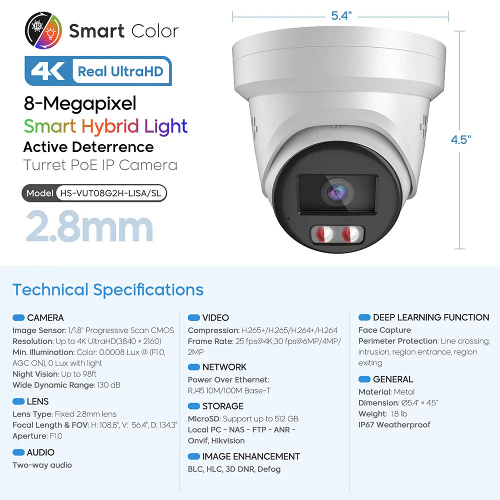 4K IP PoE Network Camera with Advanced Full Color Night Vision | HS-VUT08G2H-LISA/SL - HITOSINO