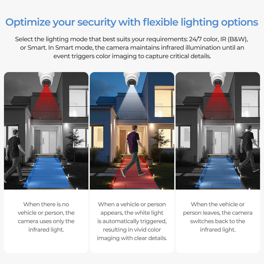 Hikvision ColorVu 8MP hybrid turret PoE camera with smart dual lights and Acusense technology, showcasing its sleek design and lighting features.
